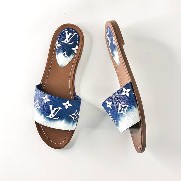 Louis Vuitton Escale Lock It Blue Monogram Slides Mule Flats 37.5